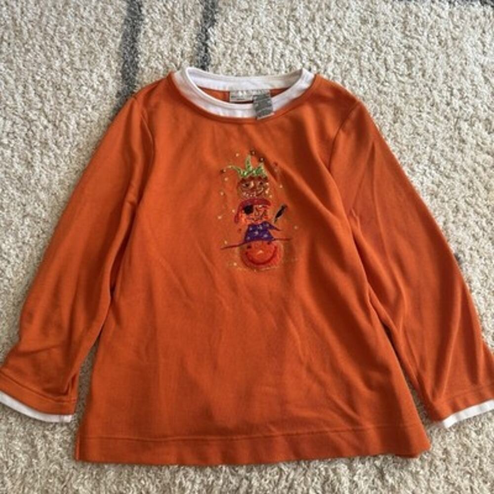 Y2K Vtg White Stag Halloween Shirt 2X Orange Pumpkin Embroidered Bell Grandma